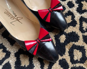 Vintage Black heels shoes red bow - French Riviera shop Nice
