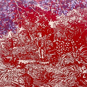 Vintage silk scarf toile de joy style forest red purple