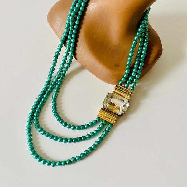 Collier strass  vert menthe irisé 1980 trois rangs