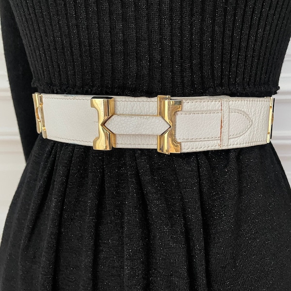 Vintage white leather belt gold  buckle metal  80s French couture