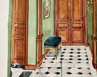 Aquarelle originale croquis studio d'architectes 1960 appartements parisiens le charme du luxe rétro la banquette en velours bleu