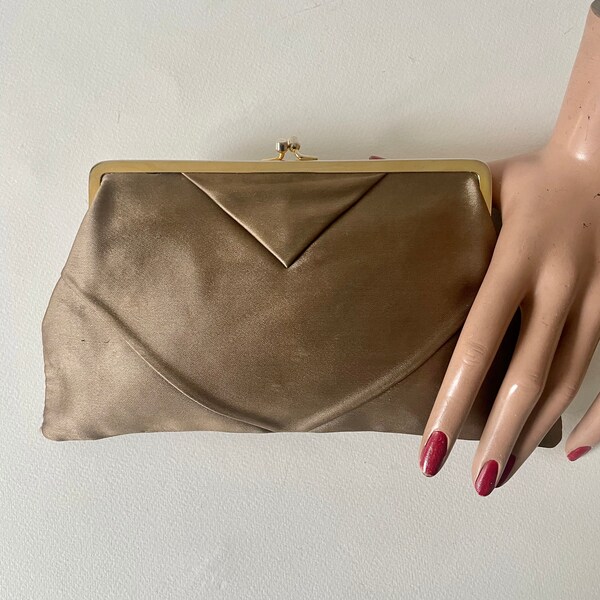 Vintage 1960 s Minaudière brown satin bow Gatsby party clutch Dita retro Pin up