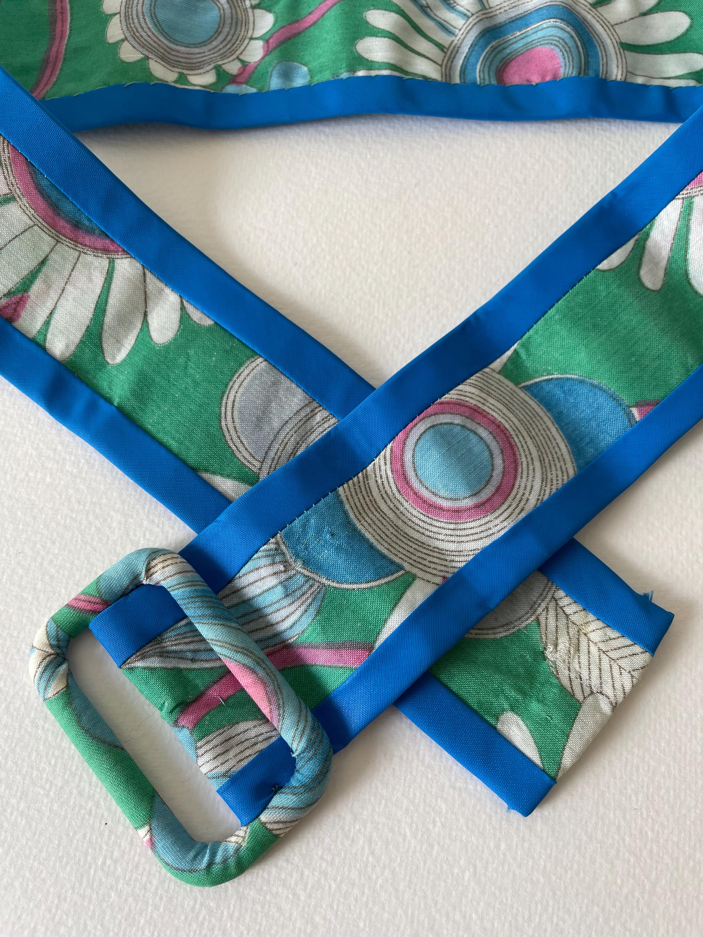 Vintage 70S Fabric Belt Green Blue Daisy Print - Hand Made  display picture 3