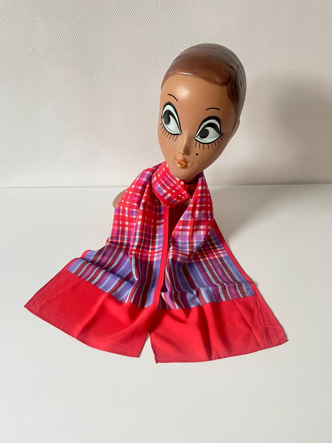 Vintage ...70s silk scarf  - tartan pattern red pink, foto 1 di 5