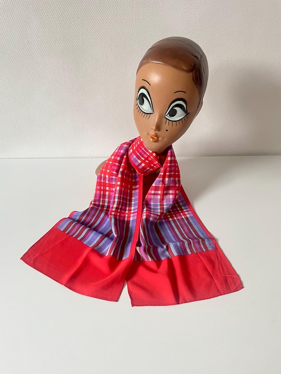 Vintage ...70s silk scarf  - tartan pattern red pink