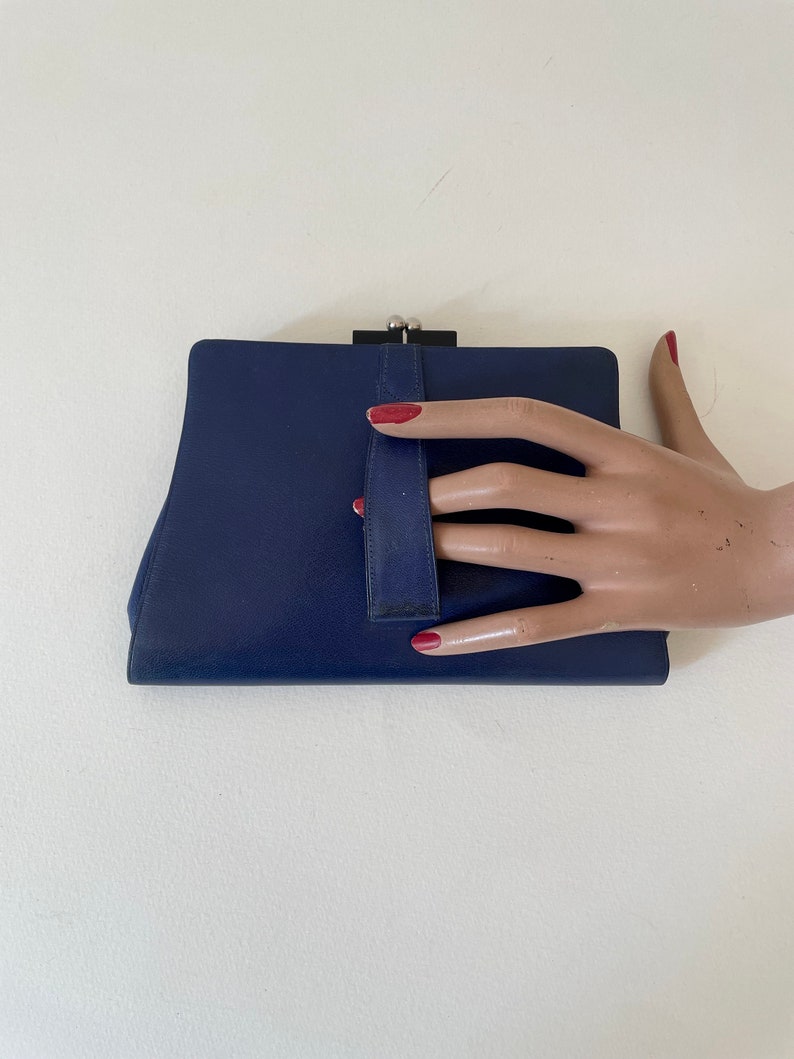 Vintage 1930er Jahre Minaudiere Indigo blaue Leder Gatsby Party Clutch Dita Retro Monogramm Pound Bild 3