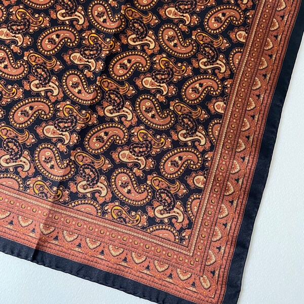 Vintage French Dandy scarf  black paisleys brown hand rolled