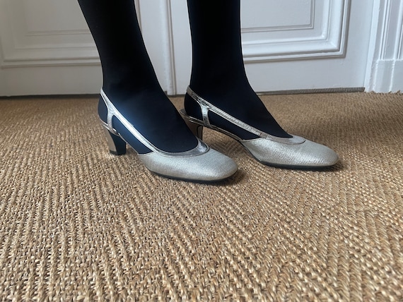 Silver 60's silver lurex Luxury shoes French  Riv… - image 2