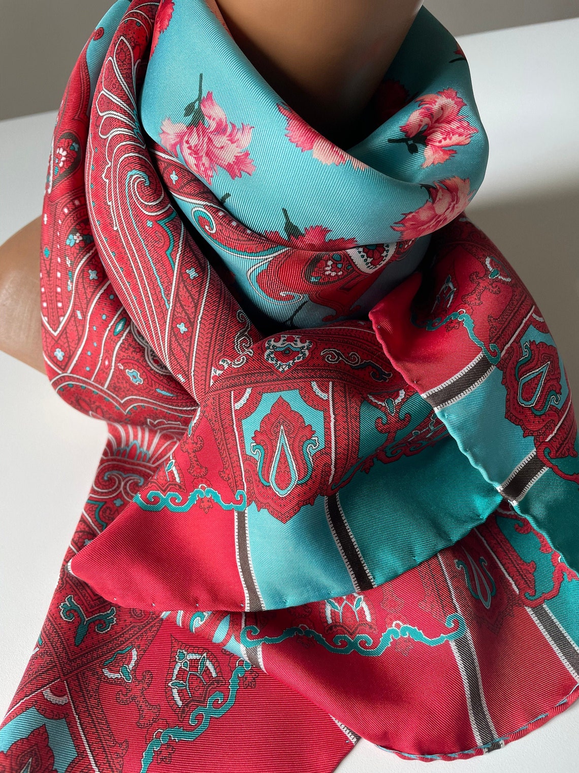 Vintage silk scarf carnation pattern flower paisley Etsy