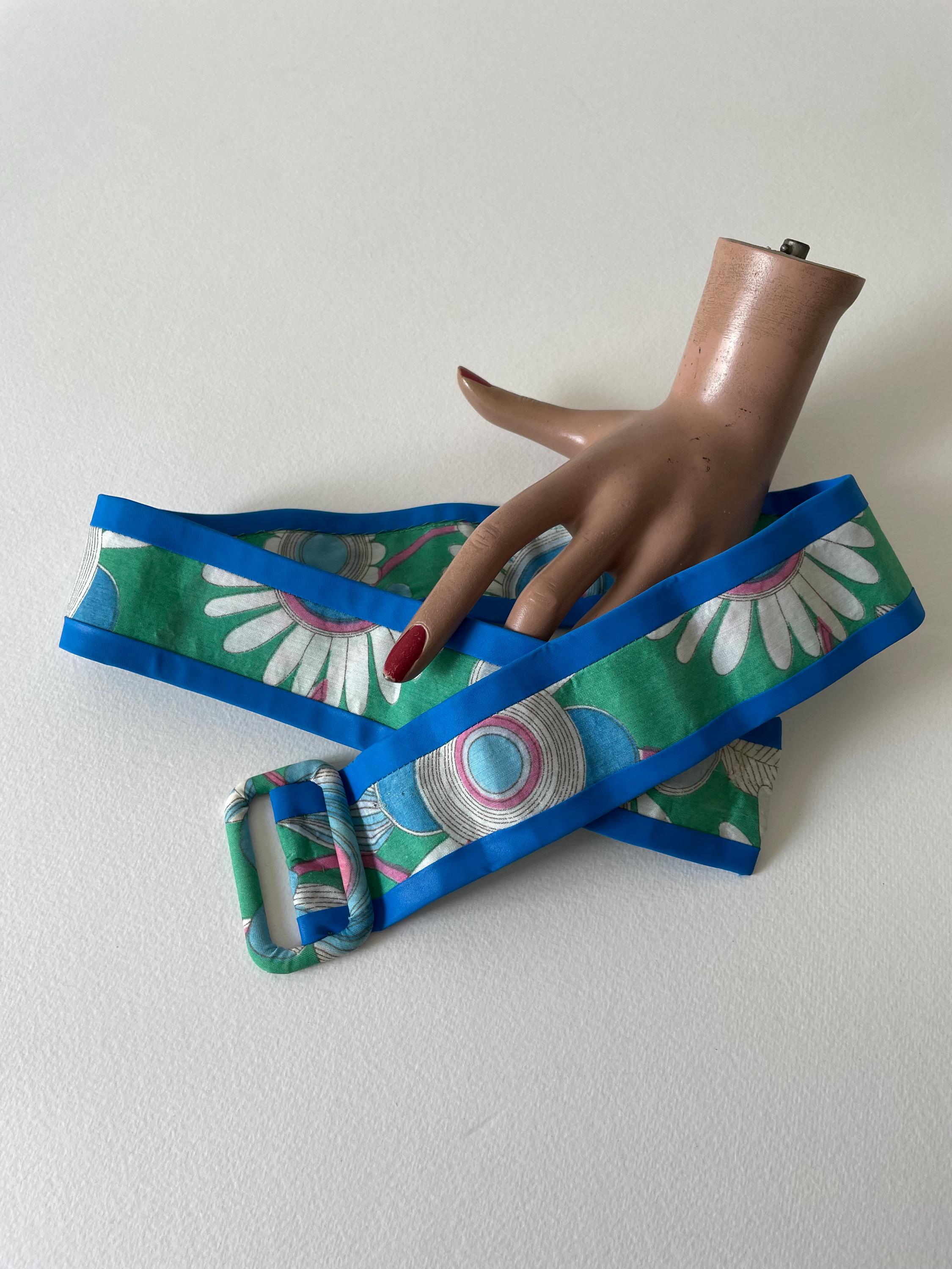 Vintage 70S Fabric Belt Green Blue Daisy Print - Hand Made 