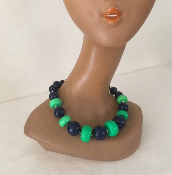 Vintage 80's wood necklace green navy gold - image 1