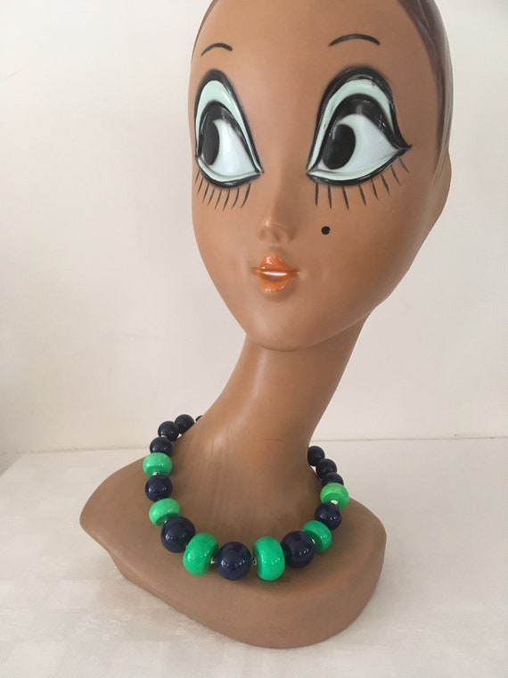 Vintage 80's wood necklace green navy gold - image 2