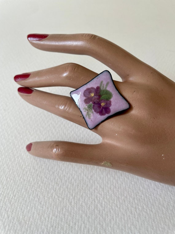 Vintage enamel brooch violets  flowers purple - image 4