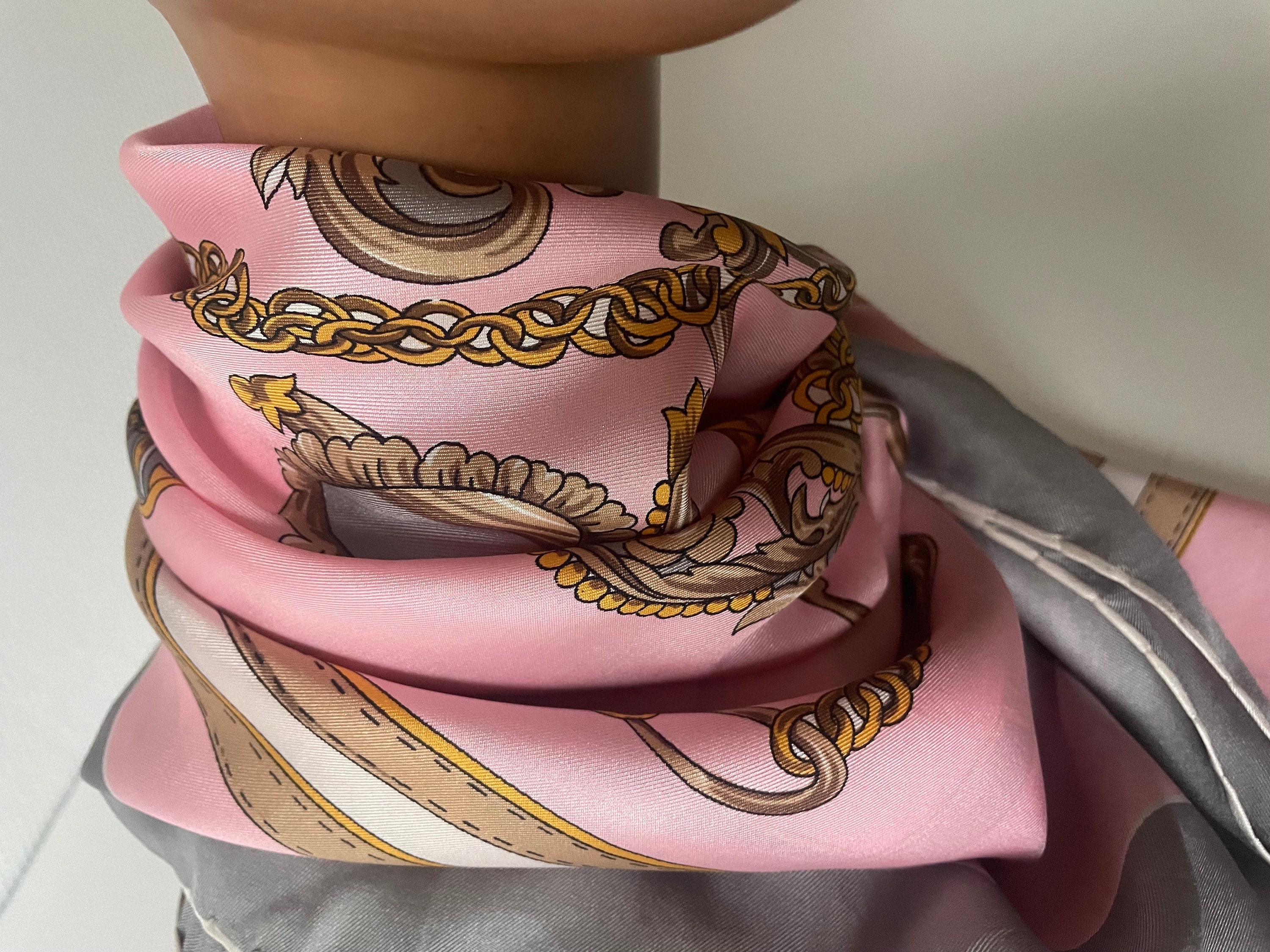 Vintage French Silk Scarf Pink Gold Chain Pattern - Etsy display picture 3