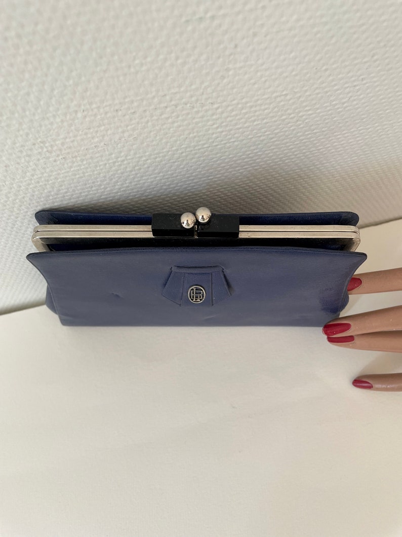 Vintage 1930er Jahre Minaudiere Indigo blaue Leder Gatsby Party Clutch Dita Retro Monogramm Pound Bild 9