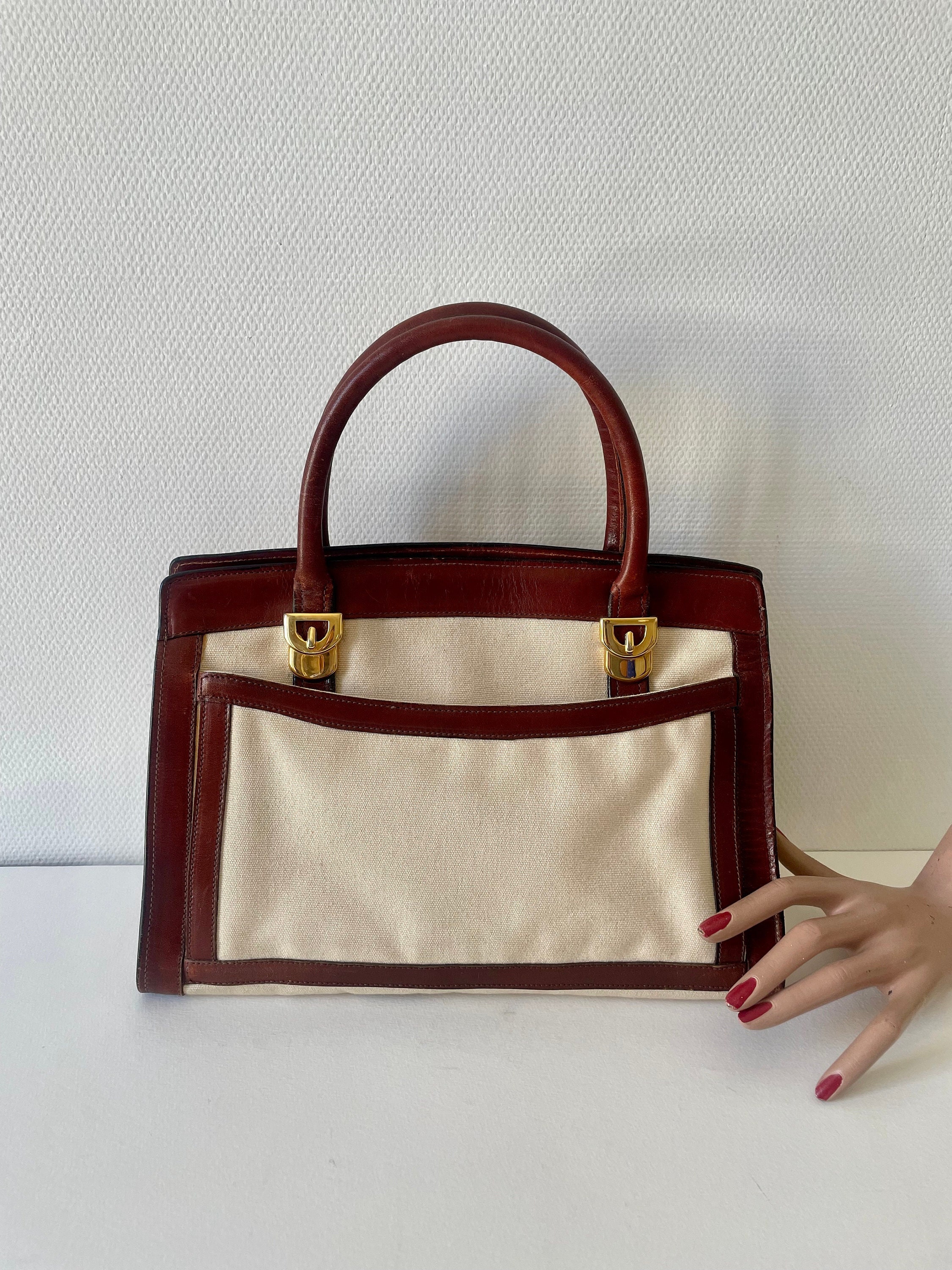 1960s Hermes Tan Canvas Box Leather Top Handle Handbag