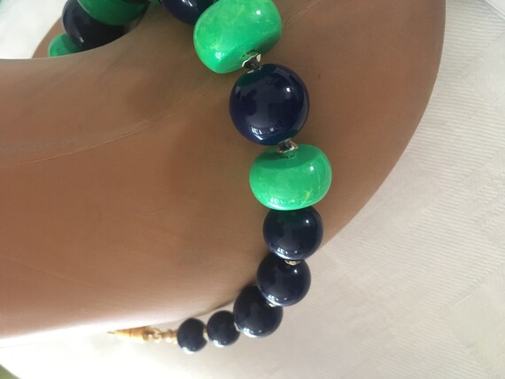 Vintage 80's wood necklace green navy gold - image 4