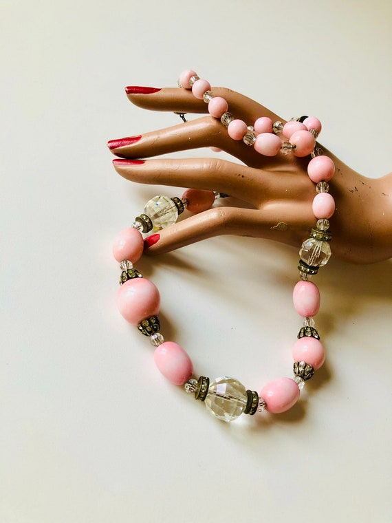 Vintage black glass pink necklace 30s