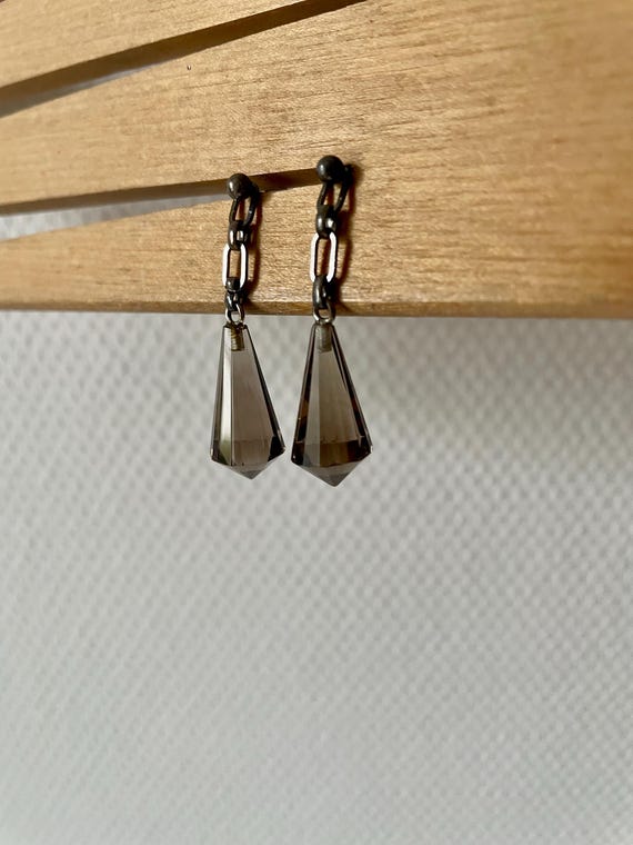 Boucles D'oreilles Percées Vintage à Cristaux Noirs - Style Pendantes Argenté - Ref 537