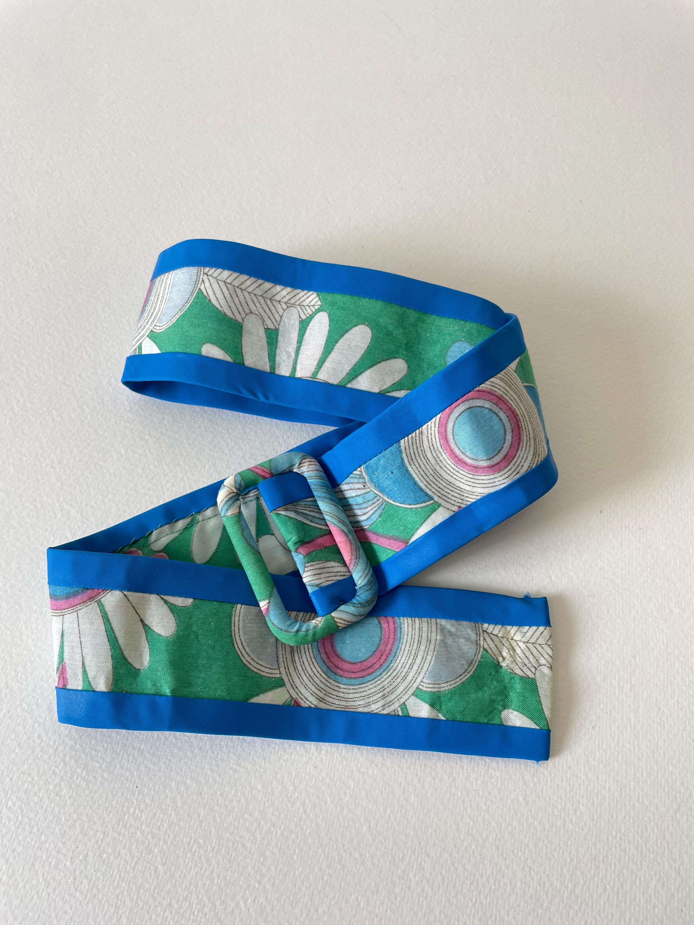 Vintage 70s Handwoven Green, Yellow and Blue Belt Vintage 70S Fabric Belt Green Blue Daisy Print - Hand Made  main image 4