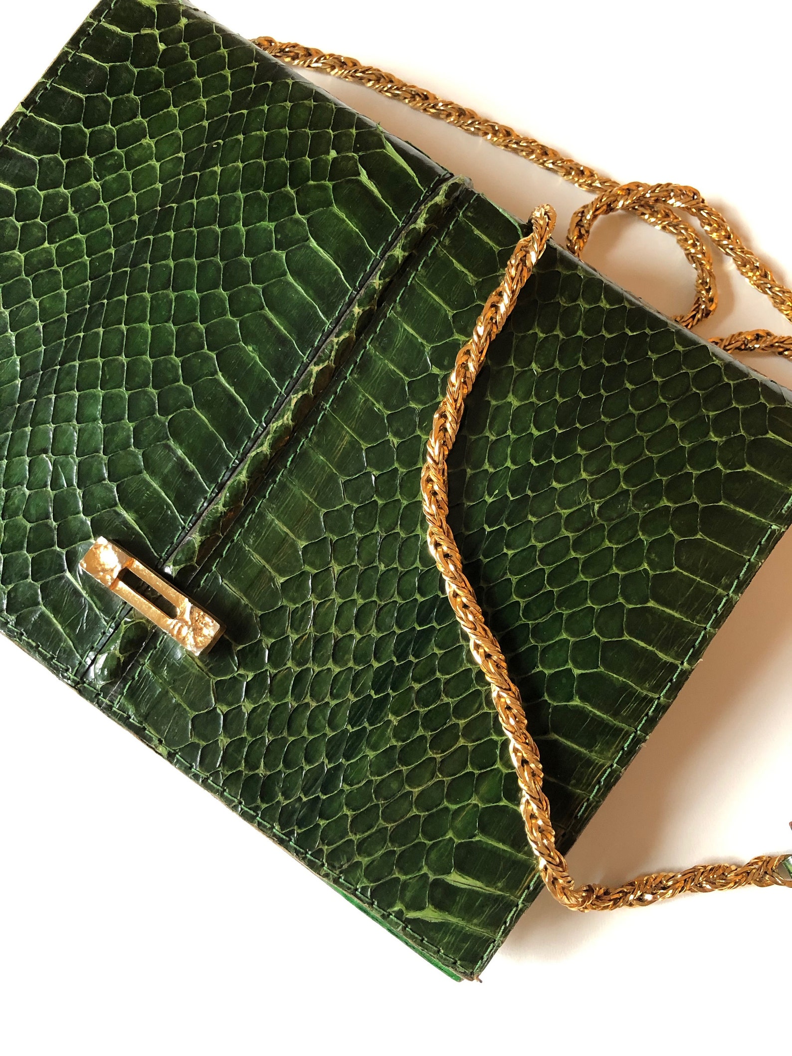 Vintage emerald green snakeskin bag gold chain Etsy