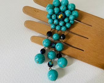 Vintage French  turquoise blue plastic pearls  brooch dandling pearls 60s