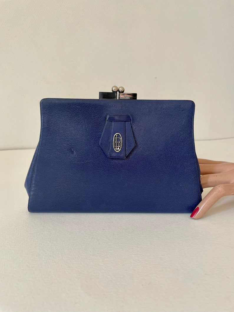 Vintage 1930er Jahre Minaudiere Indigo blaue Leder Gatsby Party Clutch Dita Retro Monogramm Pound Bild 1