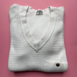 Pull Vintage Chanel boutons trèfle doré - coton blanc