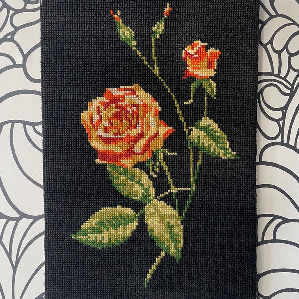 Vintage Floral  tapestry canvas. 1970 orange rose