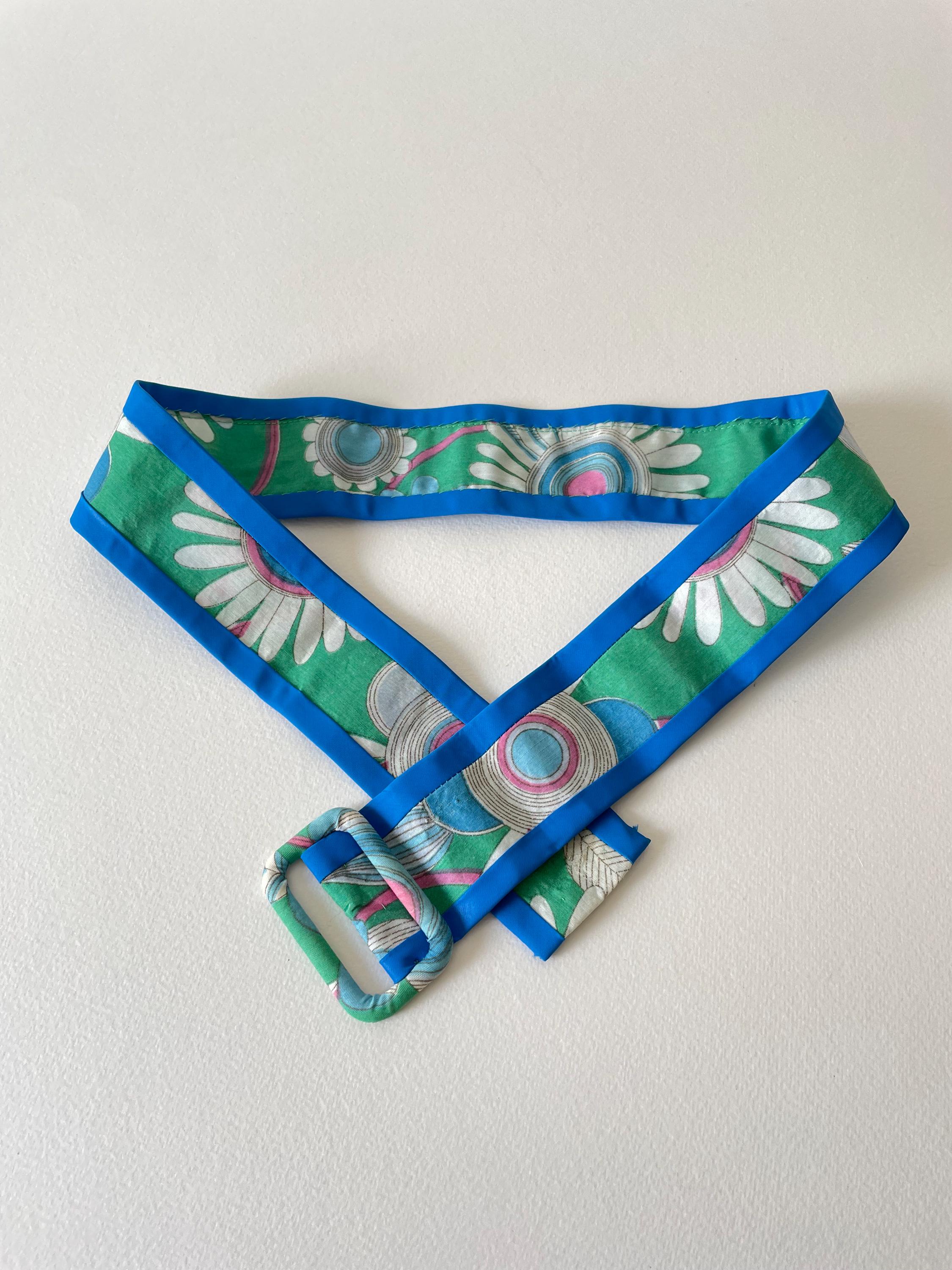 Vintage 70s Handwoven Green, Yellow and Blue Belt Vintage 70S Fabric Belt Green Blue Daisy Print - Hand Made  main image 3