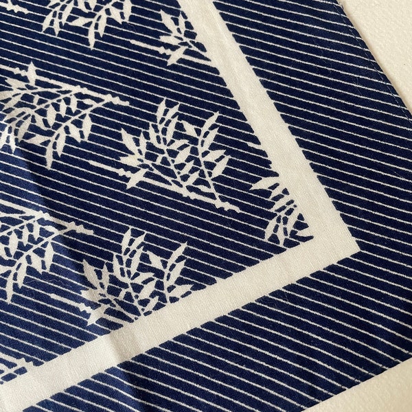Vintage French 80s cotton scarf. blue bamboo print stripes navy white