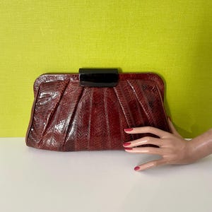 Vintage 70s snakeskin bag gold chain- brown pleated clutch