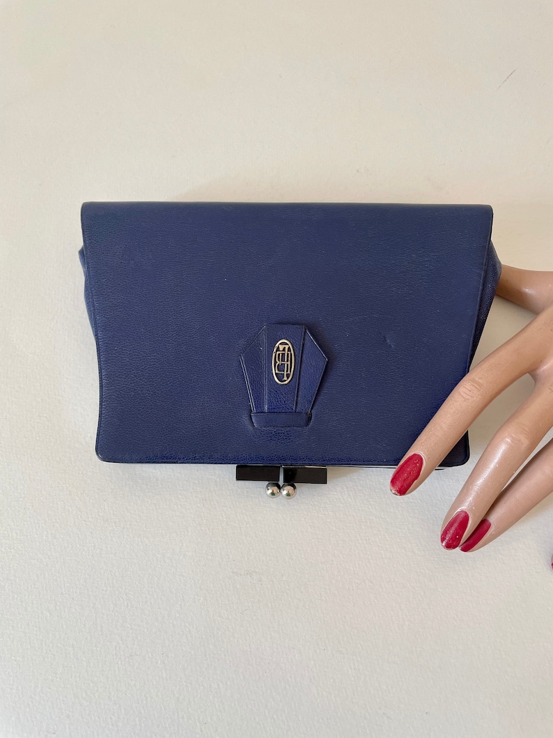 Vintage 1930er Jahre Minaudiere Indigo blaue Leder Gatsby Party Clutch Dita Retro Monogramm Pound Bild 5