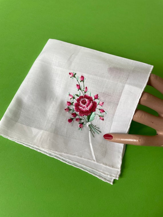 Vintage Red Rose Embroidered Handkerchief Flowers - Hand Made NOS