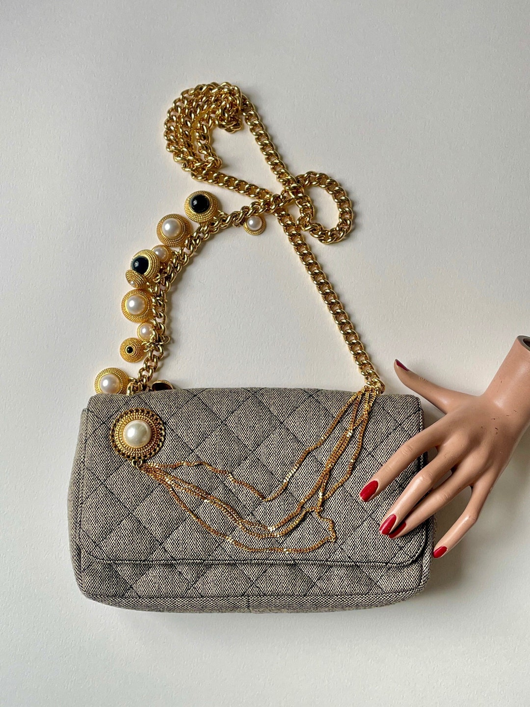 Petit Sac à Main Perles Blanches – Chaîne Dorée – Occasion Très Bon état (sans Marque)