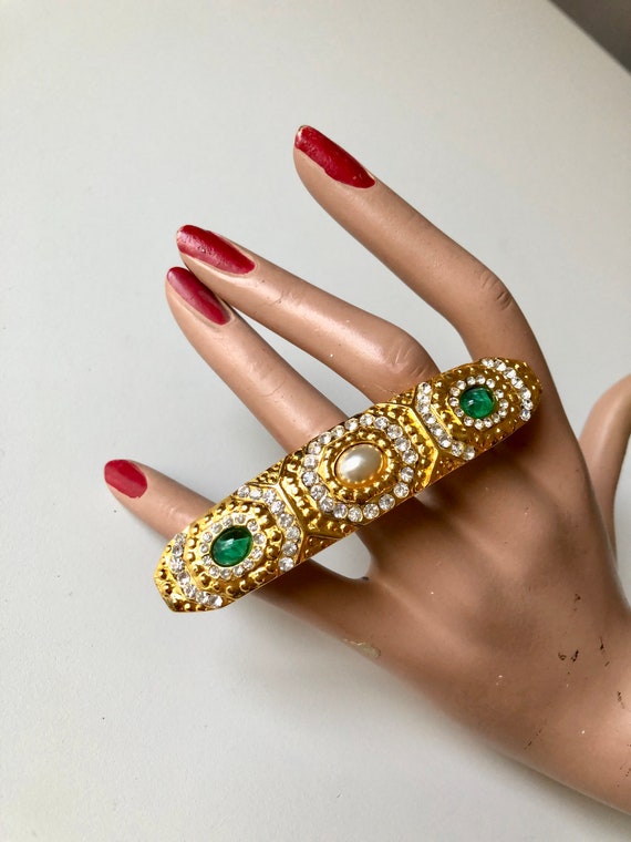 Vintage gold hair pin white pearls green cabochons