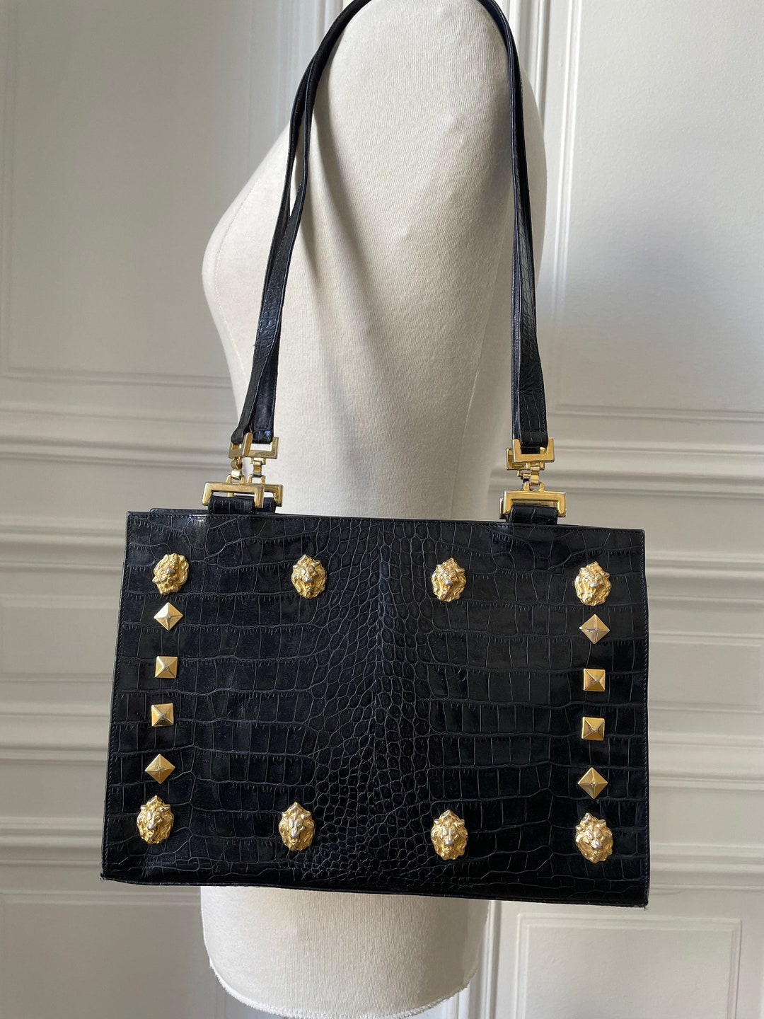 Italian Leather Square Bag with Gold Chain Black main image 1