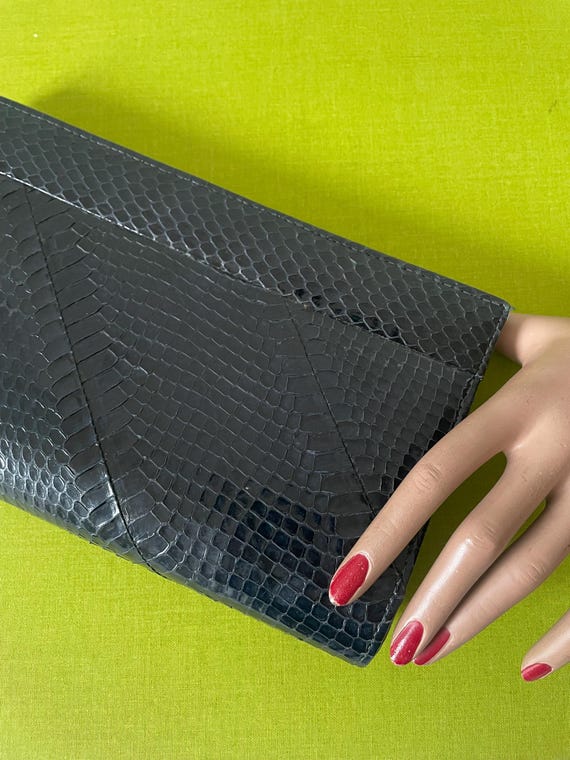 Vintage Navy Snakeskin Leather Clutch Pay Bag 80s