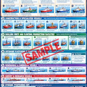 May include: An educational infographic titled Offshore Marine Assets featuring categorized illustrations of various maritime vessels, drilling units, and floating platforms with descriptive text and technical icons for offshore industry operations.