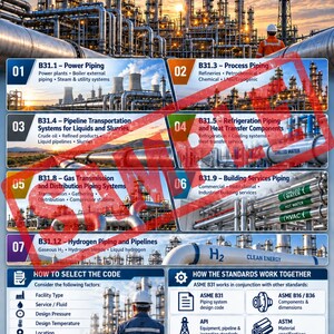 Può includere: Un poster educativo intitolato ASME B31 PIPING CODES A Practical Oil & Gas Reference. Presenta sette sezioni numerate che descrivono gli standard delle tubazioni, tra cui B31.1 Power Piping, B31.3 Process Piping e B31.12 Hydrogen Piping.
