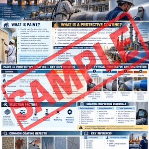 Pode incluir: Um guia de campo industrial intitulado Paint vs Protective Coating para óleo e gás. O infográfico apresenta seções sobre tinta versus revestimento protetor, diferenças principais, inspeção e defeitos comuns de revestimento.