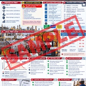 May include: An educational infographic titled PWHT IN OIL & GAS detailing post-weld heat treatment requirements, controls, and field practices. It features thirteen numbered sections with technical charts, checklists, and diagrams regarding industrial welding safety.