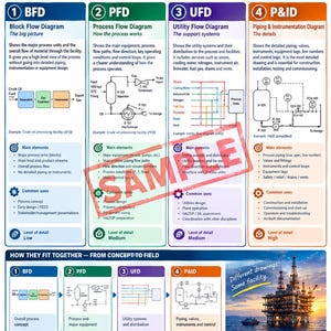 Könnte beinhalten: Eine lehrreiche Infografik mit dem Titel BFD vs PFD vs UFD vs P&ID, die vier Arten von erdöltechnischen Zeichnungen vergleicht. Sie enthält Diagramme, Textbeschreibungen und ein großes rotes SAMPLE-Wasserzeichen in der Mitte, das Prozessabläufe und Rohrleitungen erklärt.
