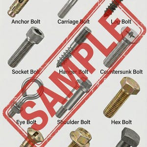 Puede incluir: Imagen que muestra varios tipos de pernos: perno de anclaje, perno de carro, perno de retardo, perno de zócalo, perno de suspensión, perno avellanado, perno de ojo, perno de hombro, perno hexagonal, perno de arado, perno de brida y perno cuadrado. El texto "Bolt Types" está en la parte superior.