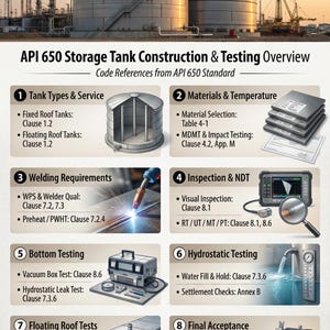 May include: An infographic titled API 650 Storage Tank Construction & Testing Overview. It features eight numbered sections detailing tank types, materials, welding, inspection, and testing procedures with illustrations of industrial equipment and tanks.