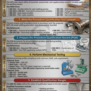 May include: An informational poster titled ASME Section IX – Essential Requirements for Welding Procedure Qualification. It outlines six steps for welding compliance, including WPS, test coupons, PQR, mechanical testing, ranges, and WPQ.