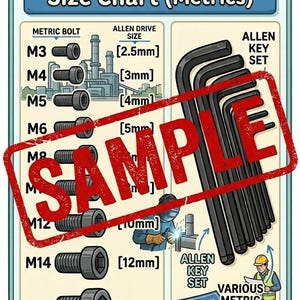 Puede incluir: Un gráfico ilustrado titulado "Allen Keys / Hex Bolt Size Chart (Metrics)" con un sello rojo "SAMPLE". Muestra tamaños de pernos métricos, tamaños de llaves Allen y un juego de llaves Allen. El gráfico incluye diagramas y texto para el taller.