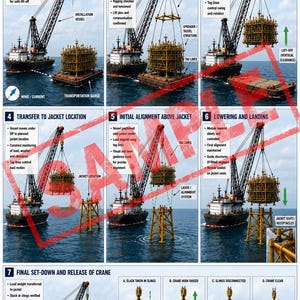 Puede incluir: Una infografía titulada OFFSHORE JACKET INSTALLATION SEQUENCE que detalla siete pasos de un proceso de construcción marina. Presenta ilustraciones de un buque grúa levantando una estructura de acero amarilla desde una barcaza hacia una base.