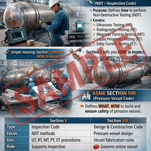 Guida comparativa tra le sezioni V e VIII dell'ASME per ingegneri del settore petrolifero e del gas, poster sull'ispezione NDT dei recipienti a pressione, strumento di studio per l'ingegneria