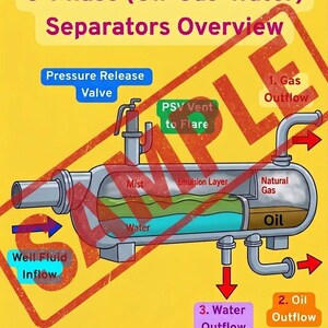 May include: Diagram of a 3-Phase (Oil-Gas-Water) Separator, with labels for Well Fluid Inflow, Gas Outflow, Oil Outflow, and Water Outflow. The diagram shows the separation process with a pressure release valve and a PSV vent to flare. The word "SAMPLE" is stamped across the image.